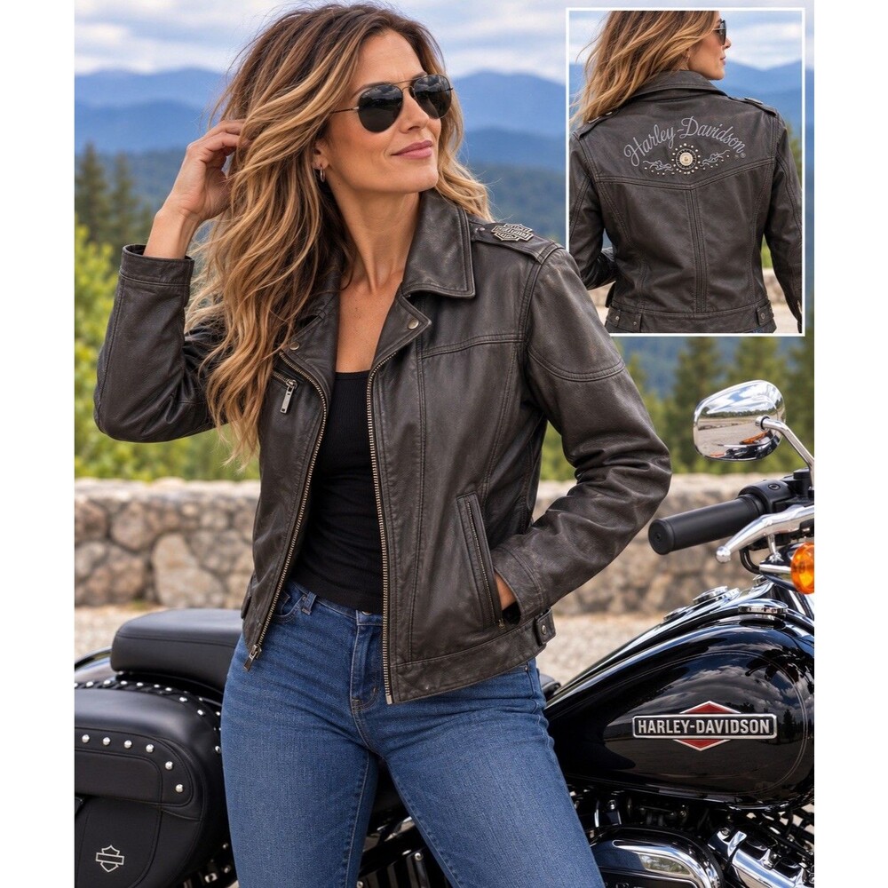 Harley-Davidson Women XL Leather Jacket Brown Embroidered Logo Riding Biker